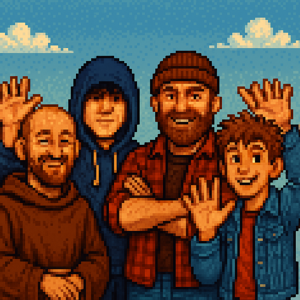 Le moine, le vape coder, le debugger et le learner faisant au revoir avec la main, pixel art