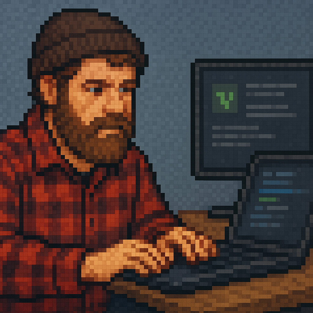 Le Debugger devant son ordinateur, pixel art