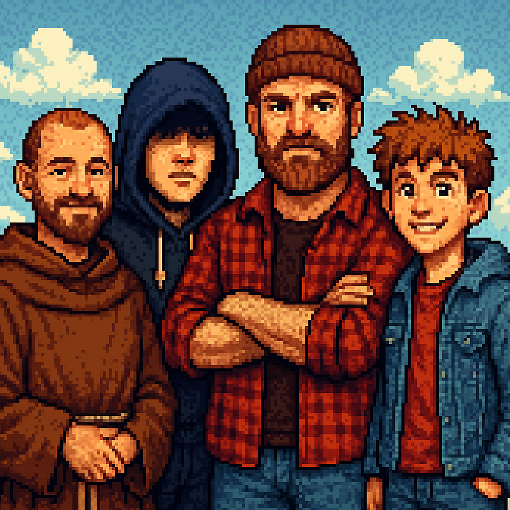 Un moine, un jeune avec une capuche, un bucheron et un adolescent posant sur une photo, pixel art