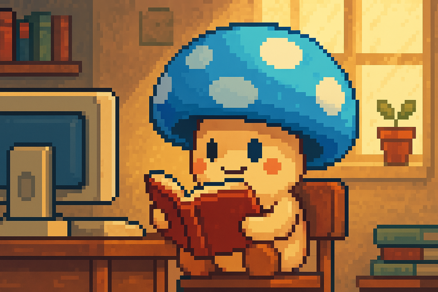 Un champignon bleu qui lit un livre dans sa chambre, pixel art
