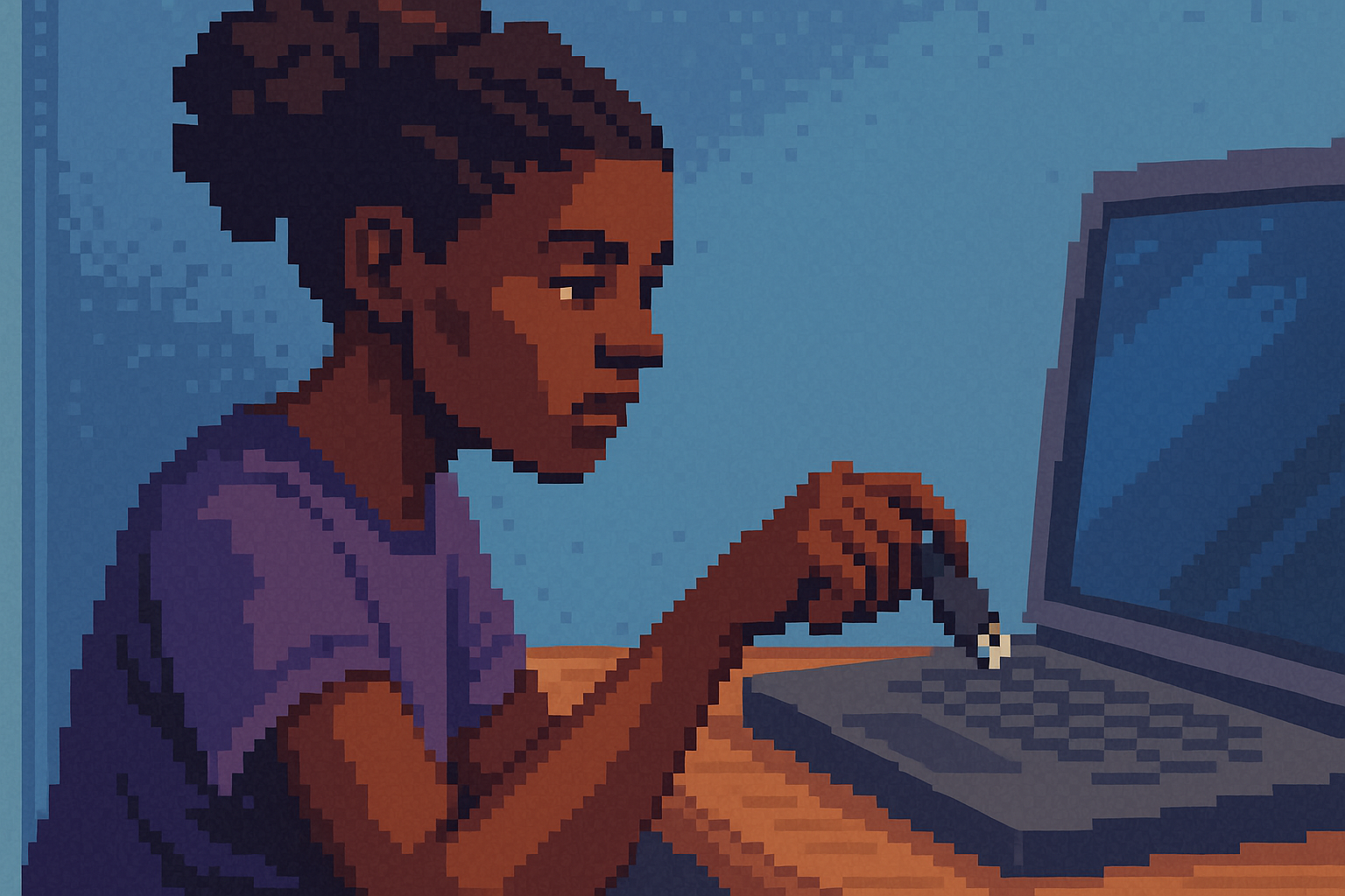 Une femme en train de brancher une clé USB dans un ordinateur, pixel art