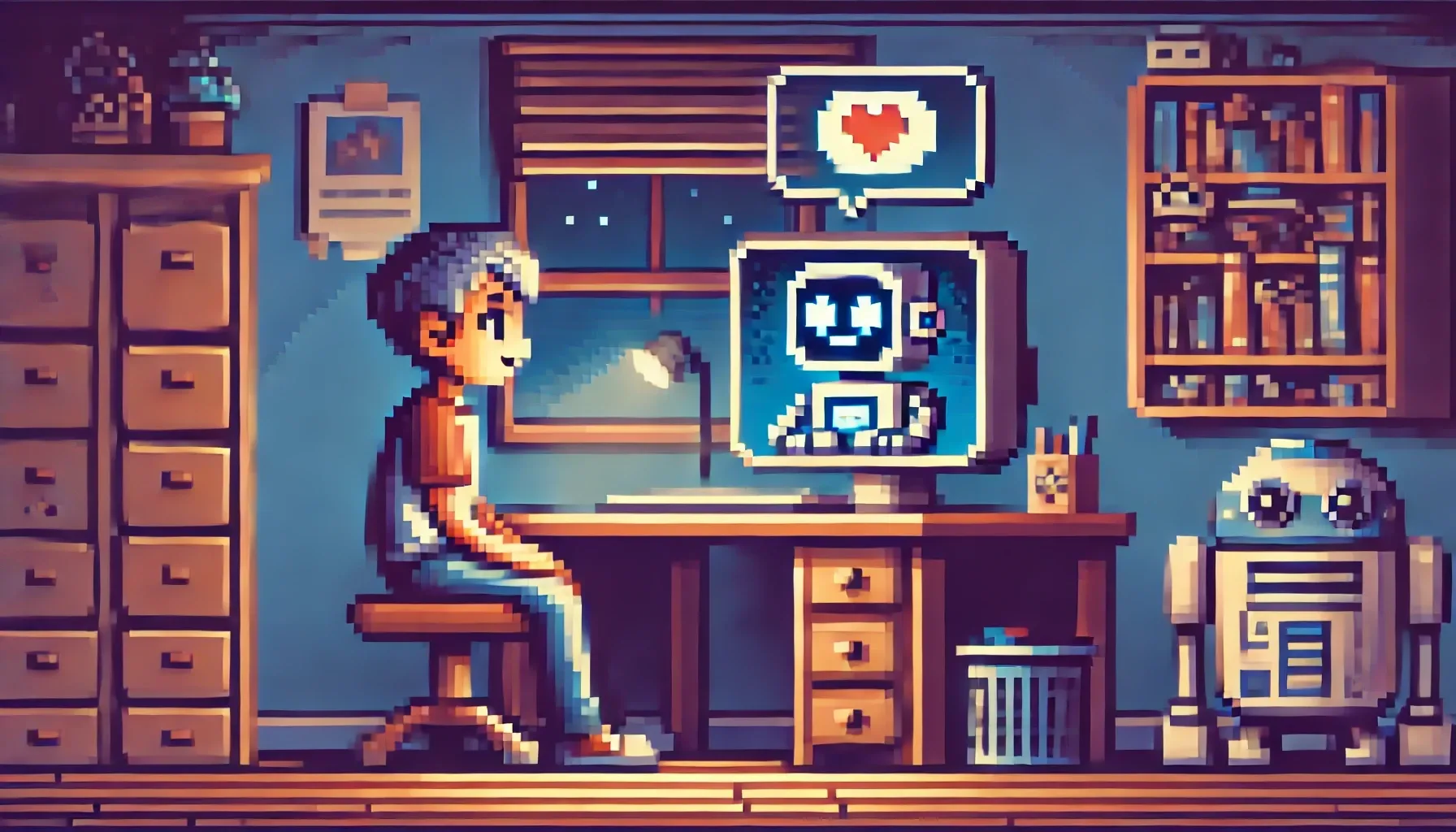 Un adolescent discutant dans sa chambre avec une IA, pixel art