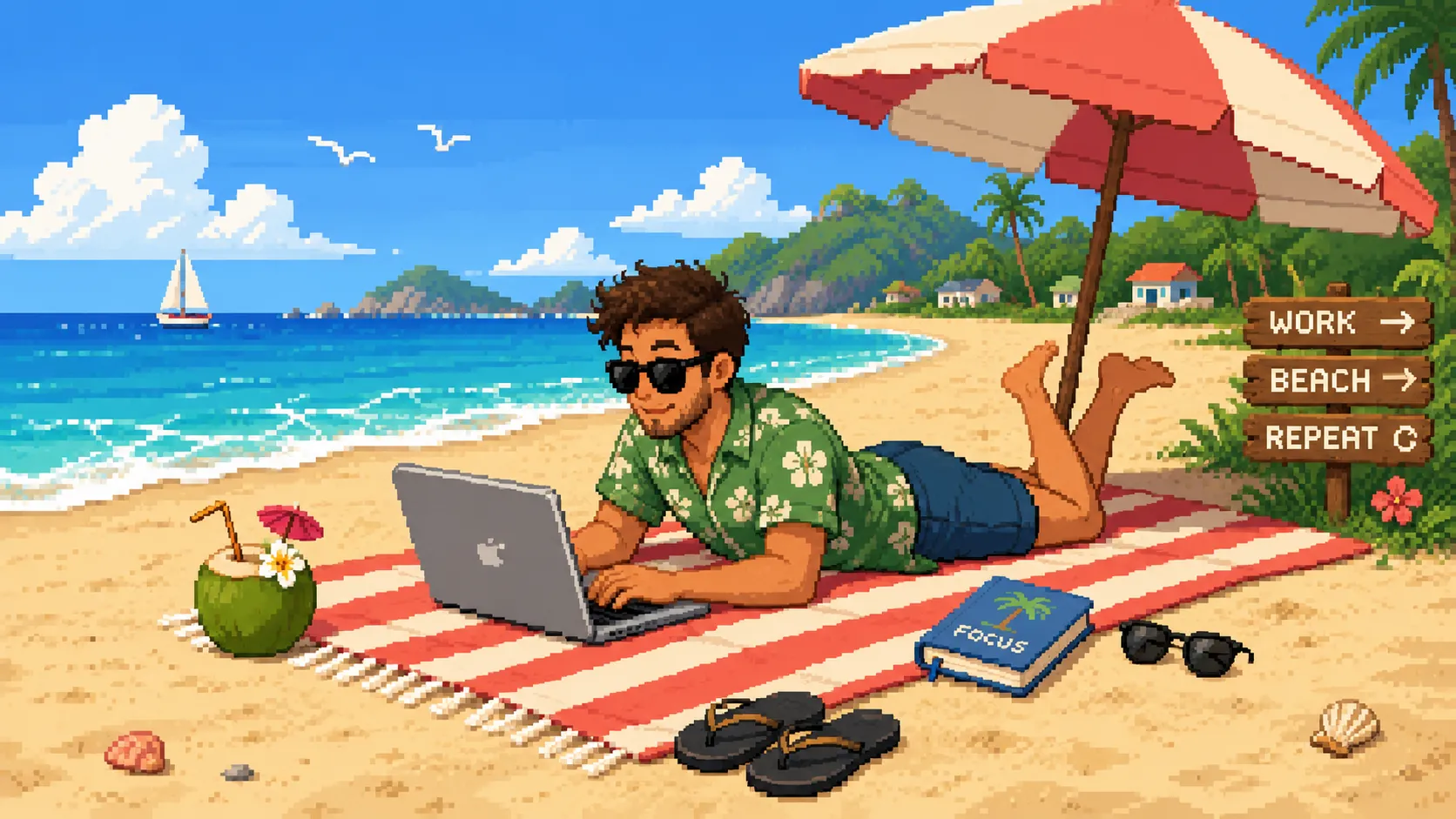 Une personne allongée sur une serviette de plage avec un ordinateur portable, pixel art