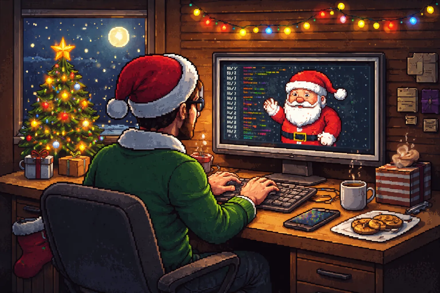 Un développeur en train de coder un Père Noel, pixel art