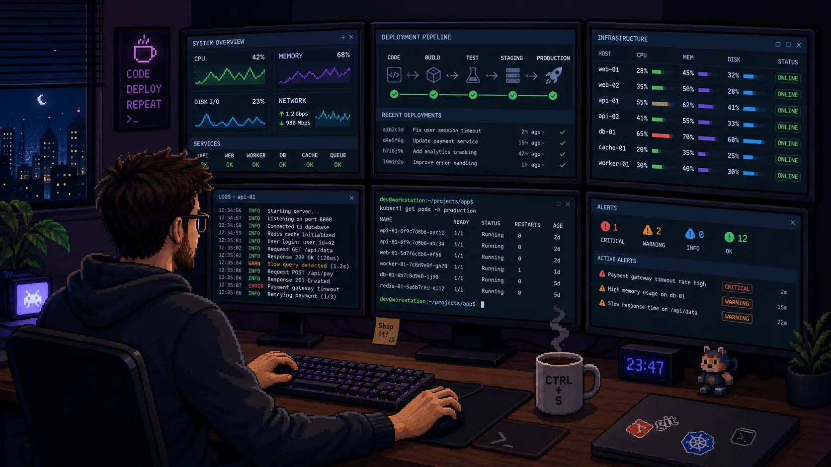 Un développeur seul devant plusieurs écrans de monitoring et de déploiement, illustration pixel art