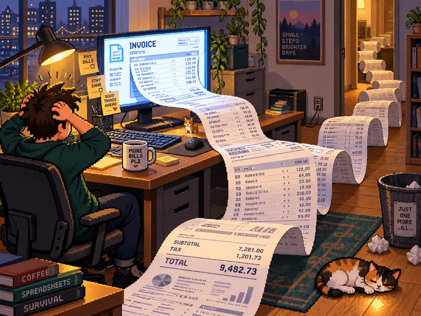Une facture qui se déroule interminablement depuis un écran d'ordinateur, pixel art