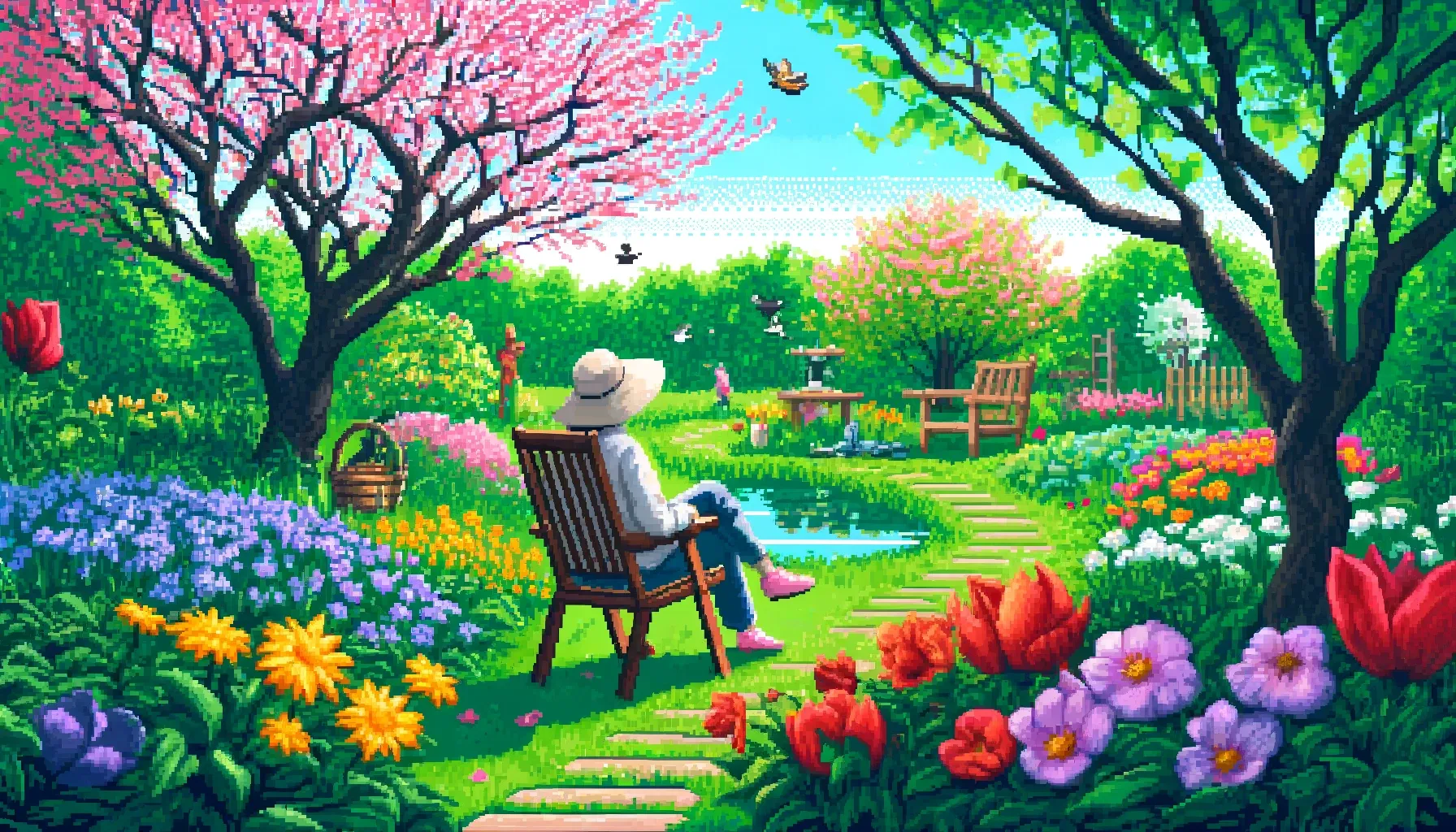 Quelqu'un assis dans un jardin au printemps, pixel art