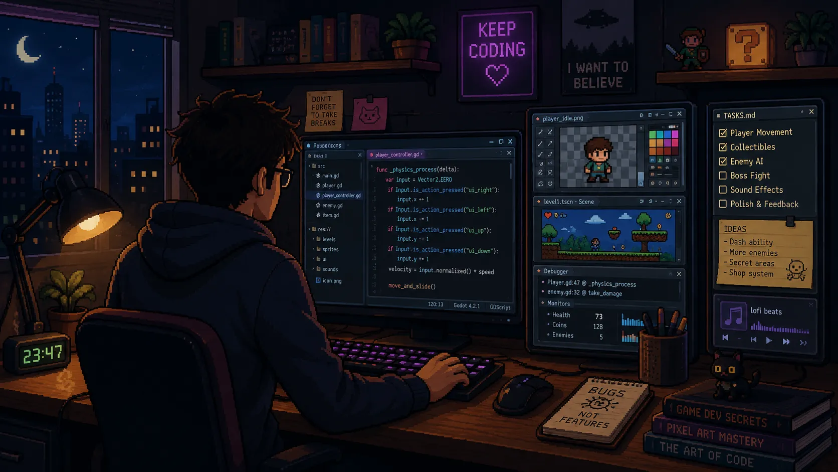 Un développeur seul le soir devant son ordinateur, avançant sur plusieurs projets à la fois, pixel art