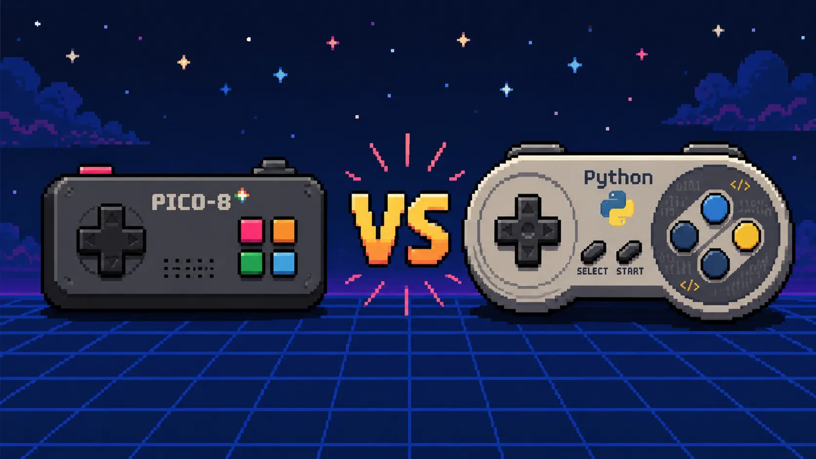 Deux manettes rétro face à face, l'une PICO-8 l'autre Python, pixel art