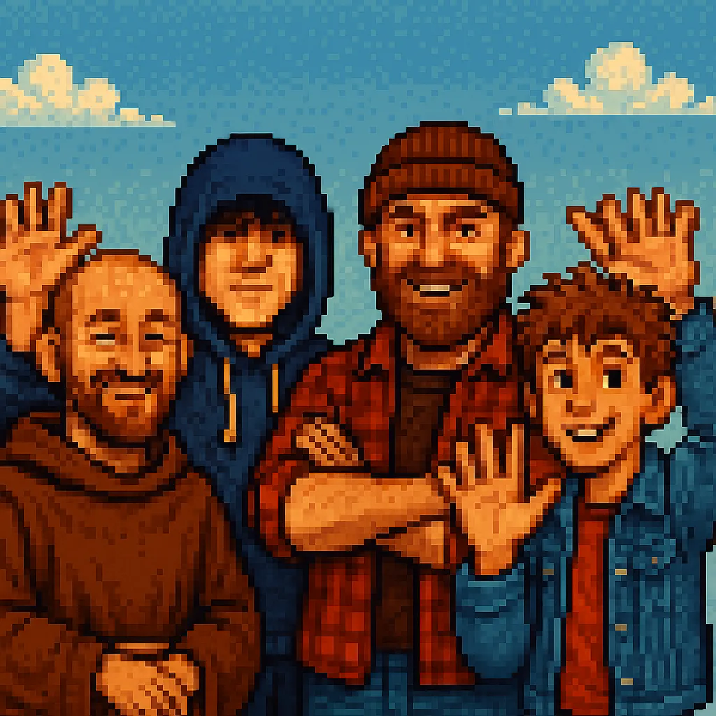 Le moine, le vape coder, le debugger et le learner faisant au revoir avec la main, pixel art