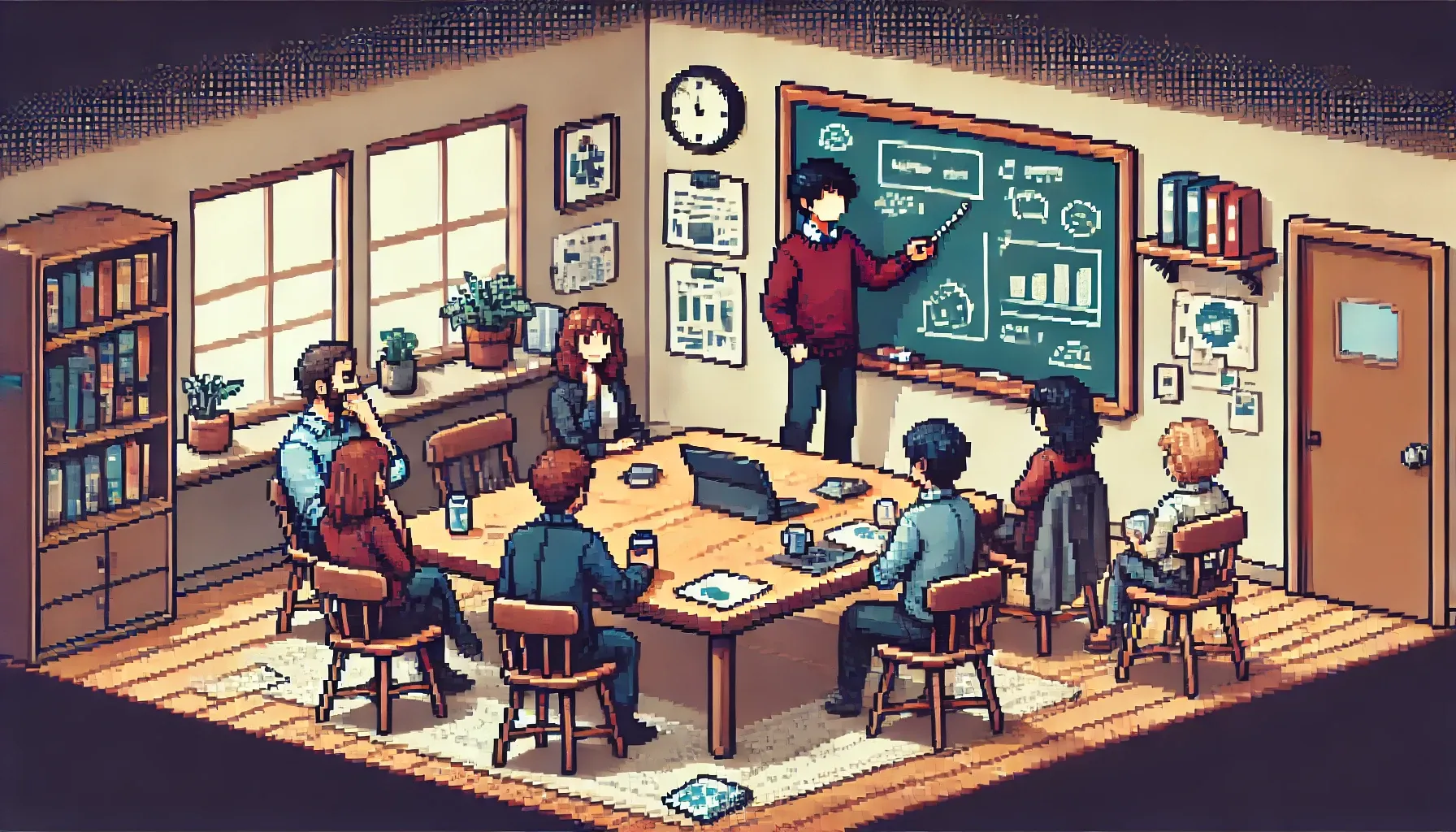 Des personnes faisant une réunion dans une salle, pixel art