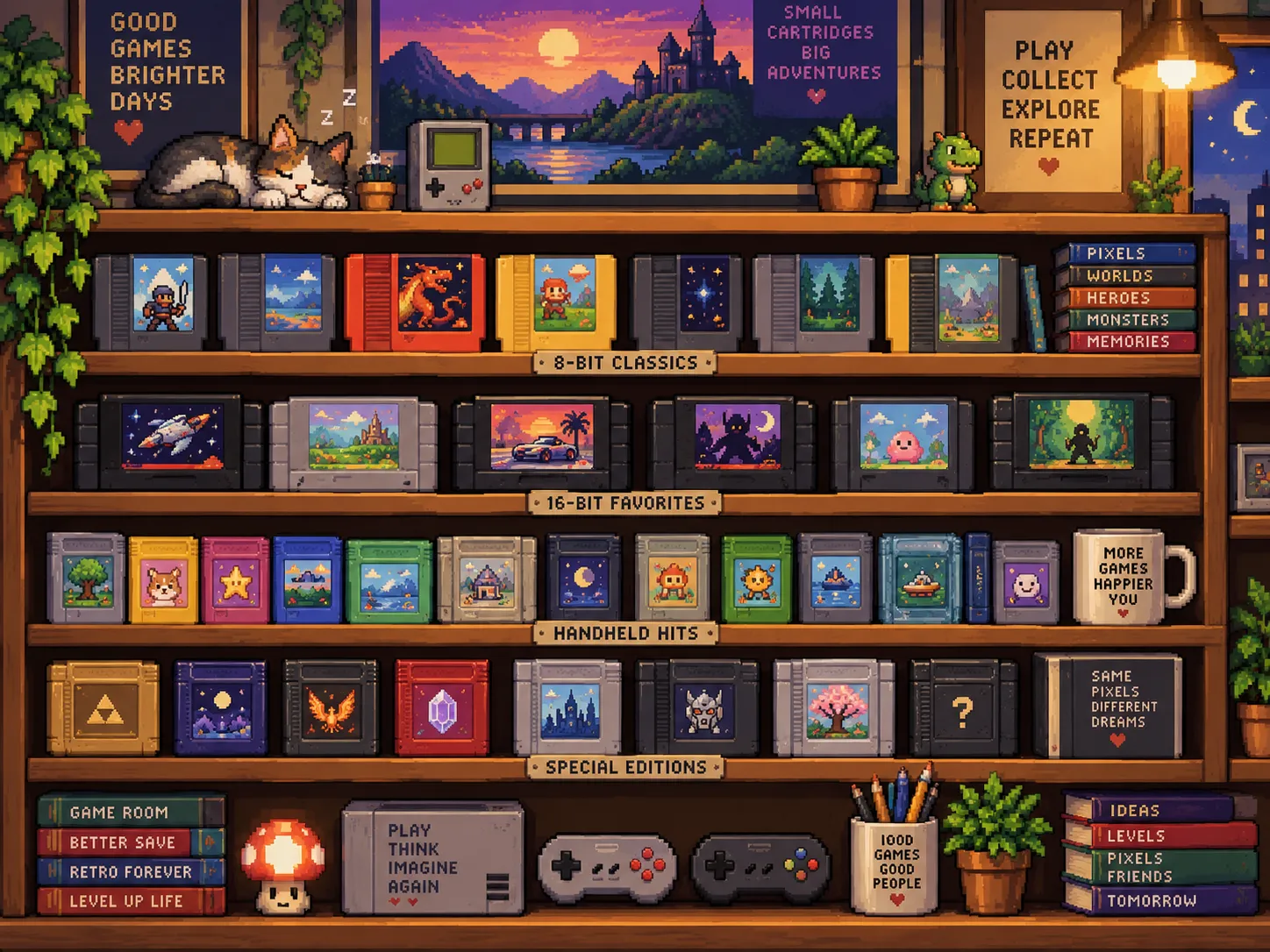 Une étagère de cartouches de jeux rétro colorées, pixel art