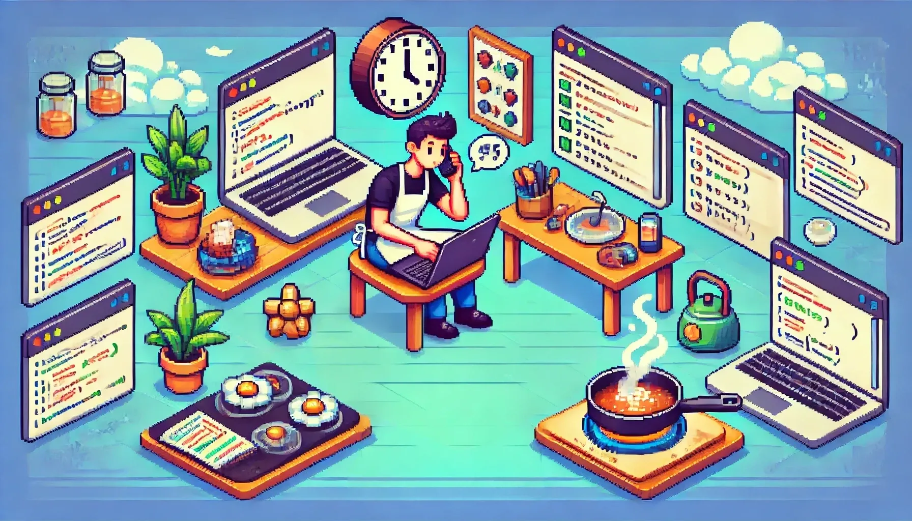 Une personne multitâche au bureau avec un symbole de boucle infinie, pixel art