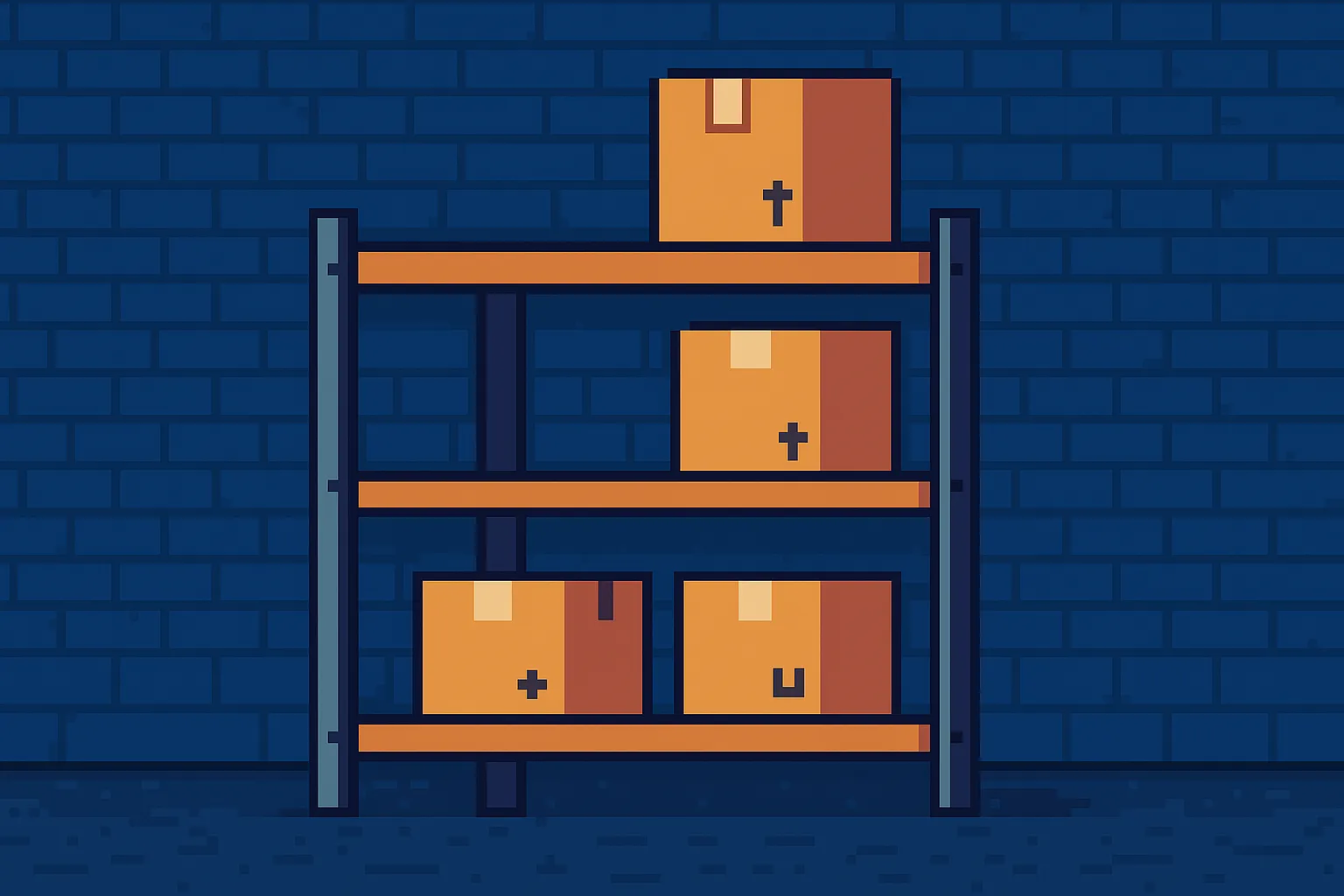 Des colis posés sur une étagère, pixel art