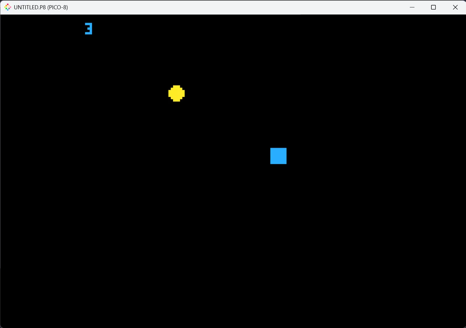Capture d’écran d’un jeu PICO-8 avec un carré bleu, une pièce et un score affiché à l’écran