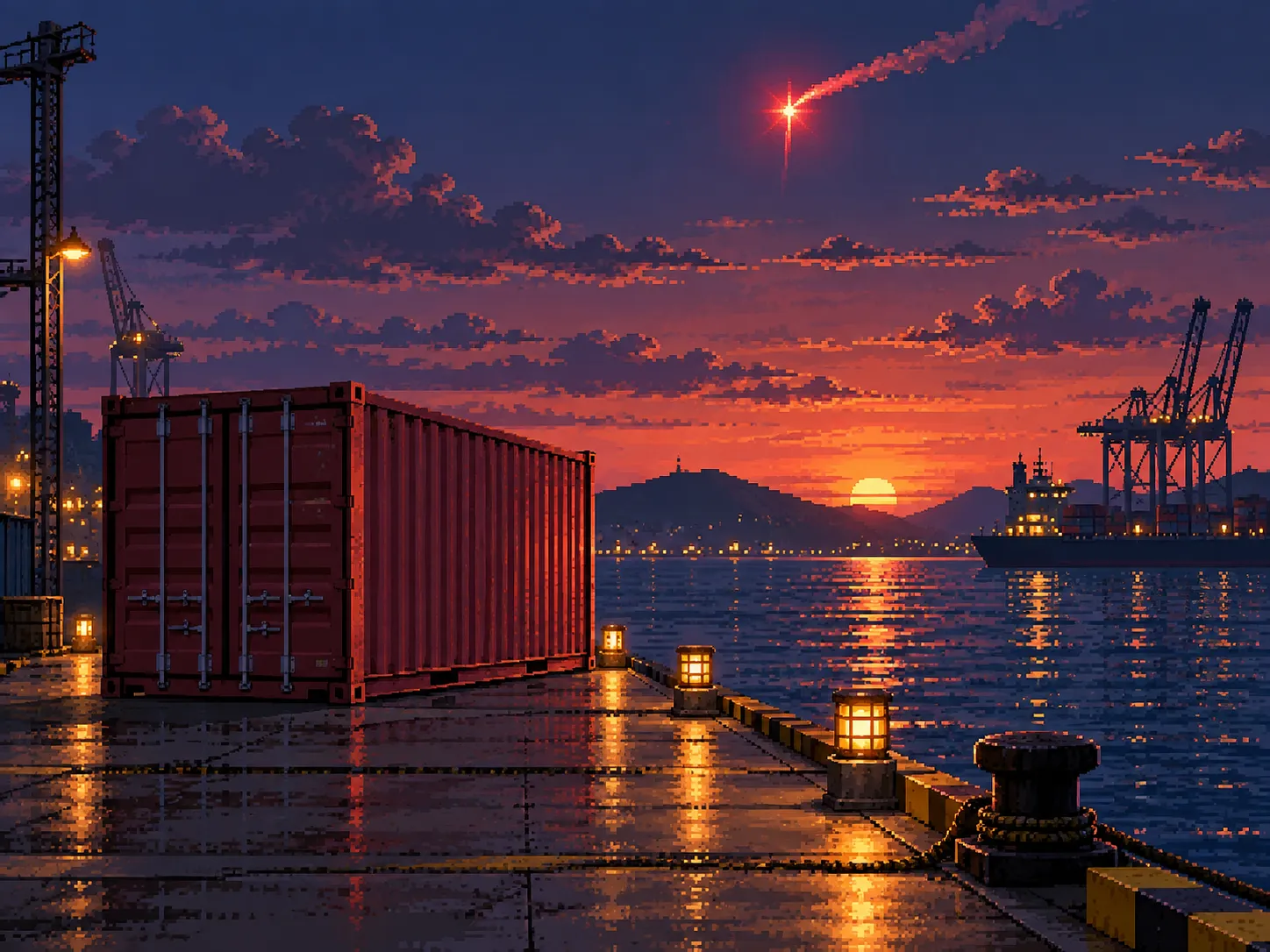 Un conteneur maritime posé sur un quai bordé de bornes lumineuses, une fusée de signalisation au-dessus, pixel art