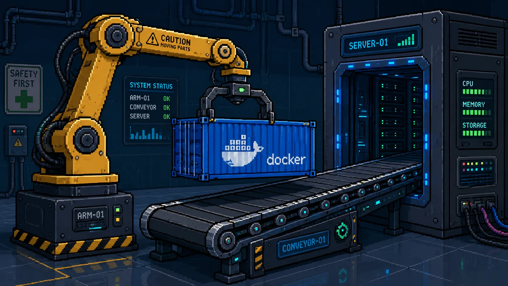 Un bras robotisé qui dépose un conteneur Docker sur un tapis roulant vers un serveur, pixel art
