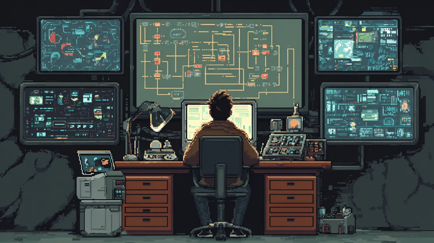 Un développeur devant de nombreux écrans, pixel art
