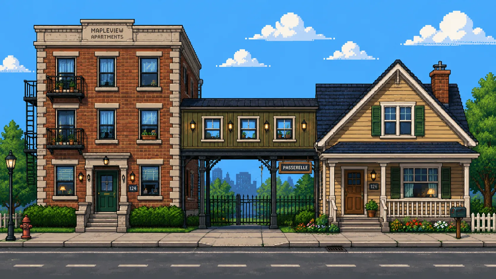 Trois bâtiments côte à côte, un immeuble partagé, une maison individuelle et une passerelle entre les deux, pixel art
