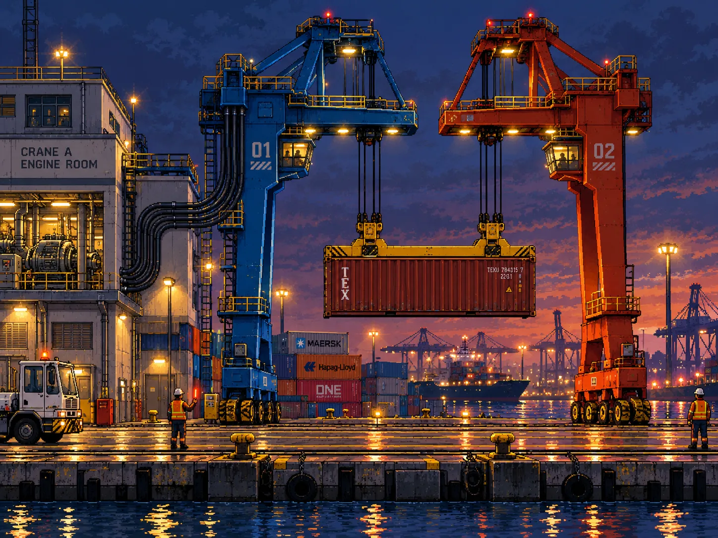 Deux grues portuaires côte à côte qui soulèvent le même conteneur, l'une reliée à une salle des machines, l'autre non, pixel art