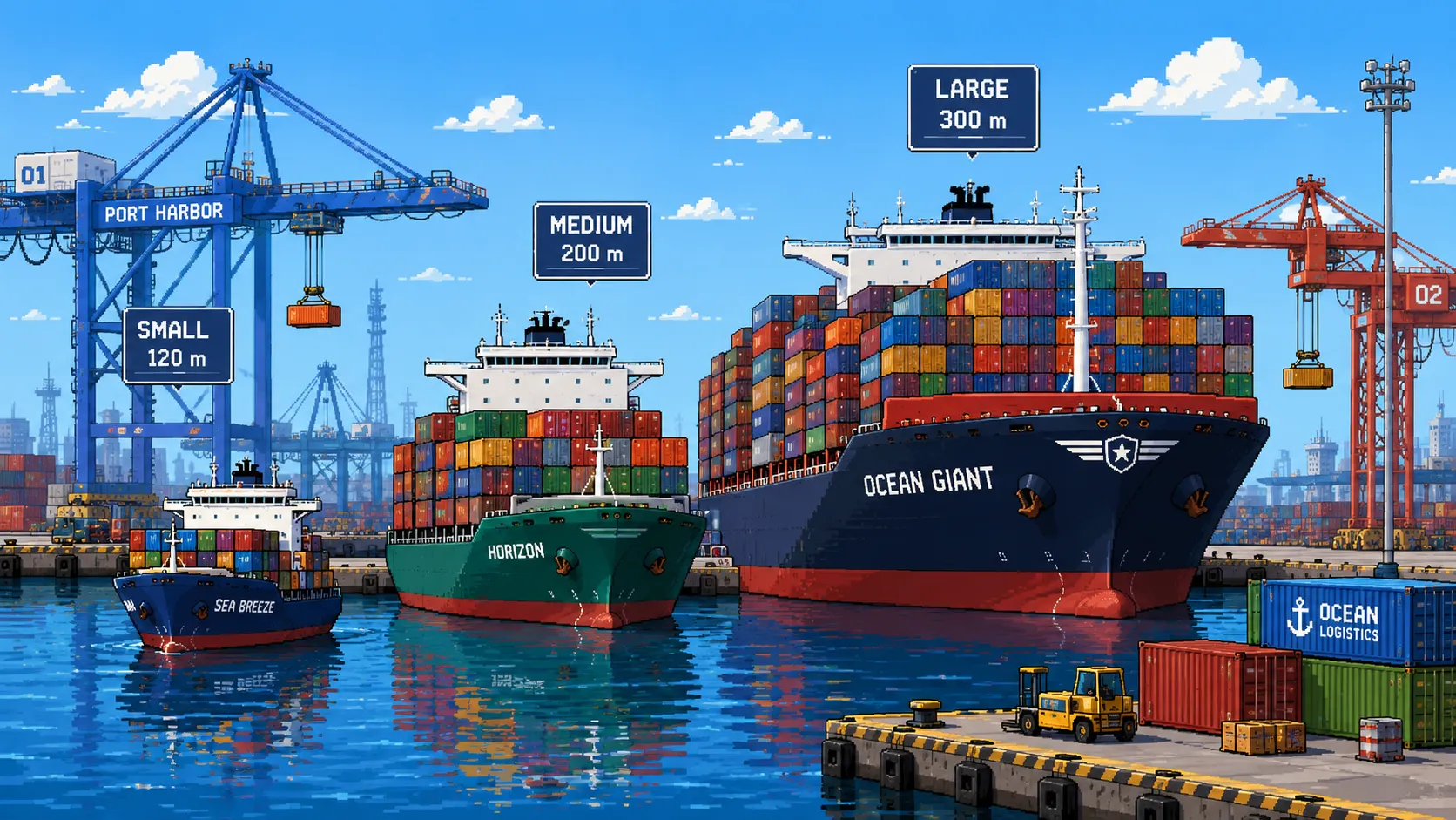Trois bateaux porte-conteneurs de tailles différentes alignés dans un port, pixel art