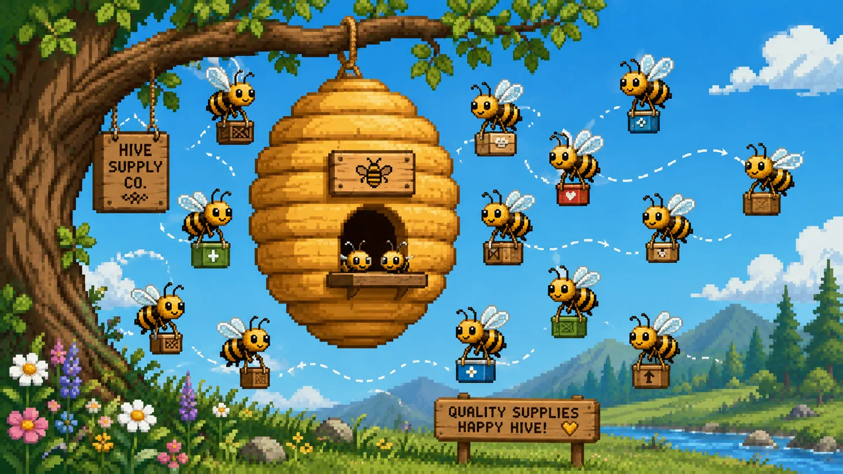 Un essaim d'abeilles organisé autour d'une ruche en pixel art, chaque abeille transportant un petit conteneur