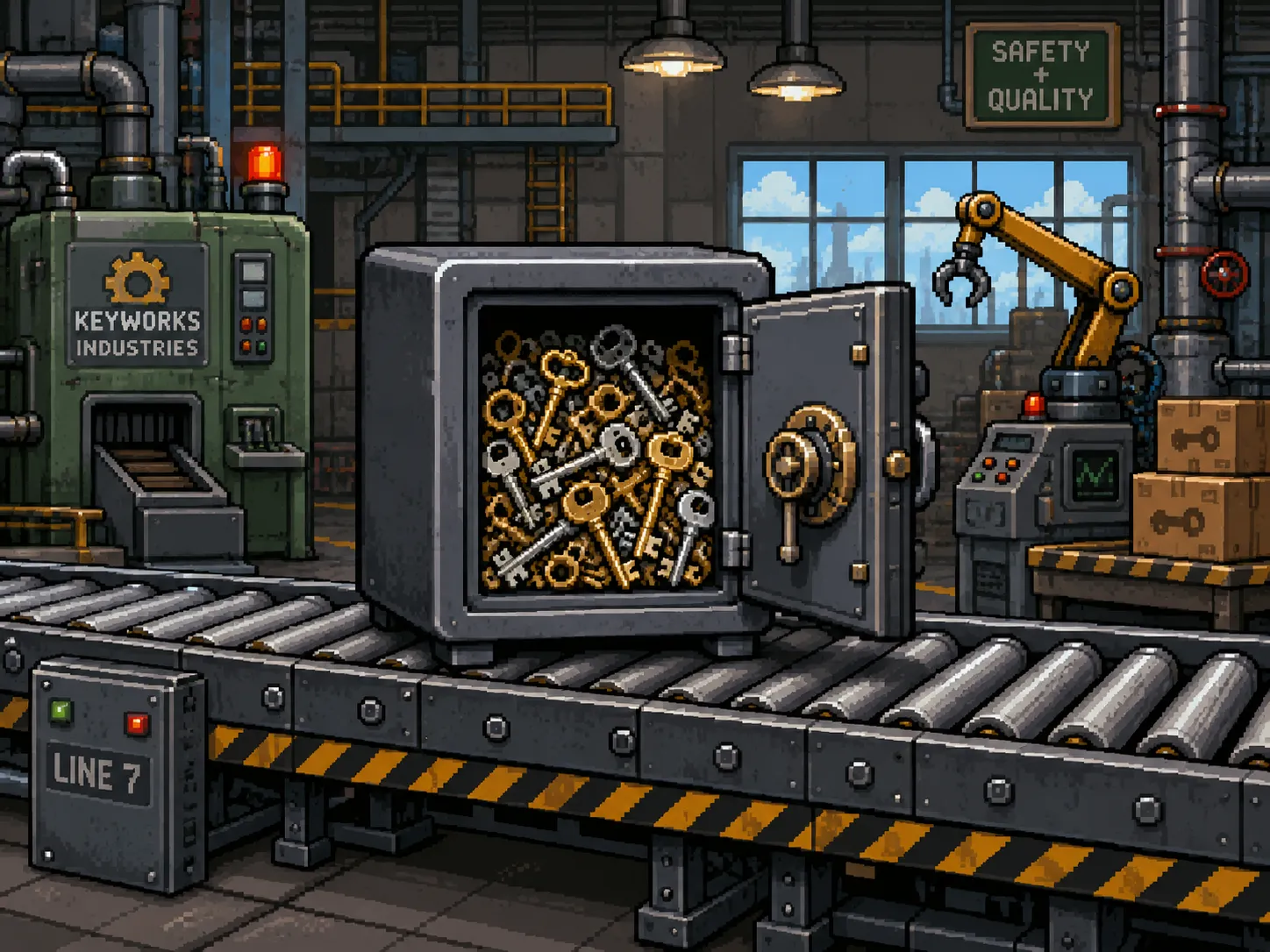 Un coffre-fort rempli de clés posé sur un tapis roulant d'usine, pixel art