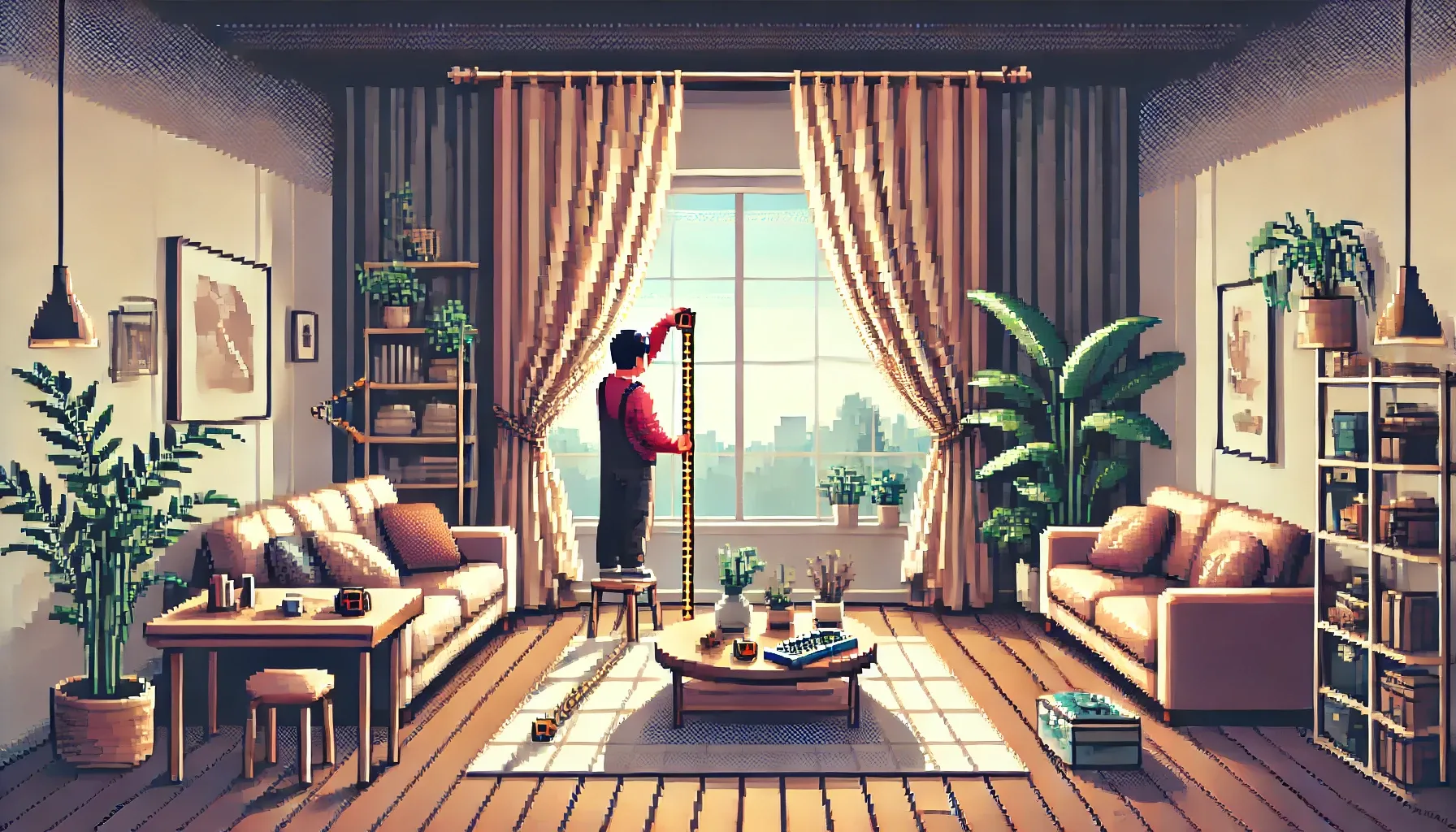 Quelqu'un mesurant un salon avec un mètre, pixel art