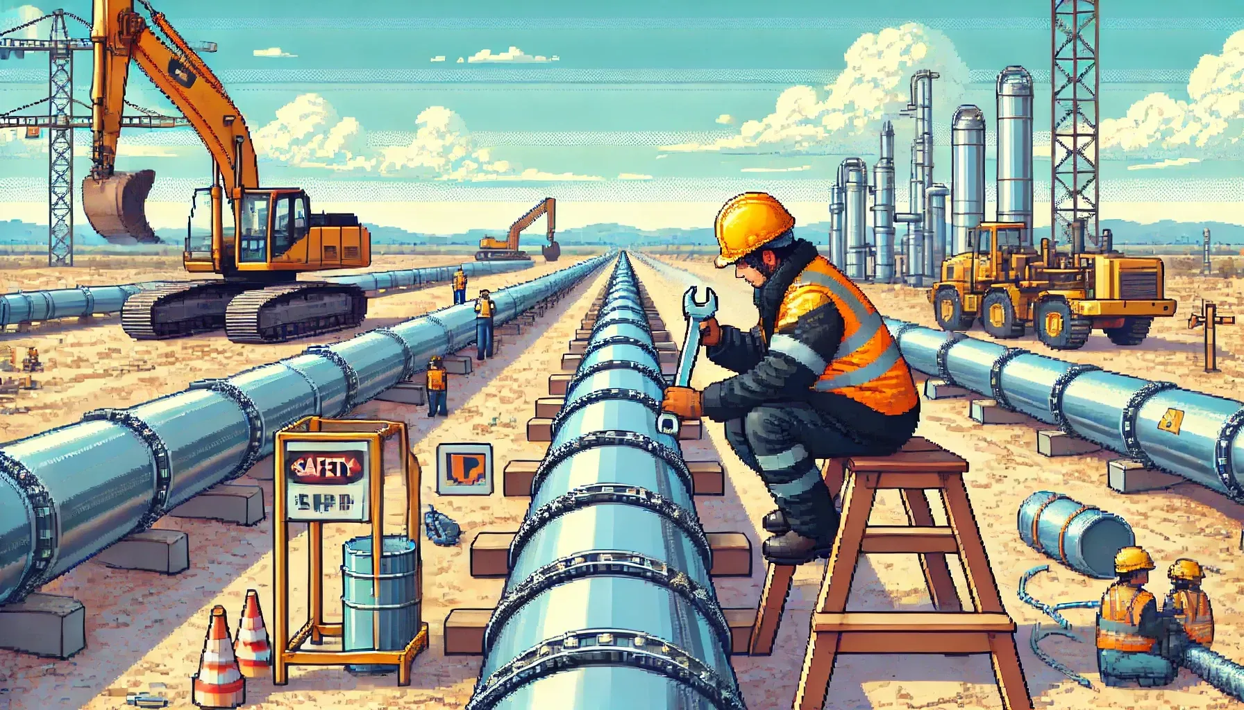 Un ingénieur travaillant sur le pontage de pipeline en extérieur, pixel art
