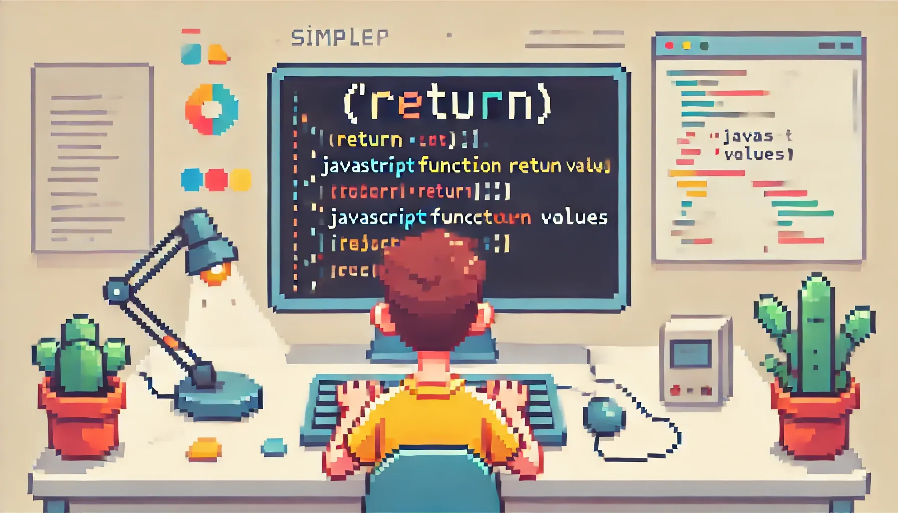 un jeune programmeur assis devant un ordinateur rétro, en train de coder des valeurs de retour en javaScript, pixel art