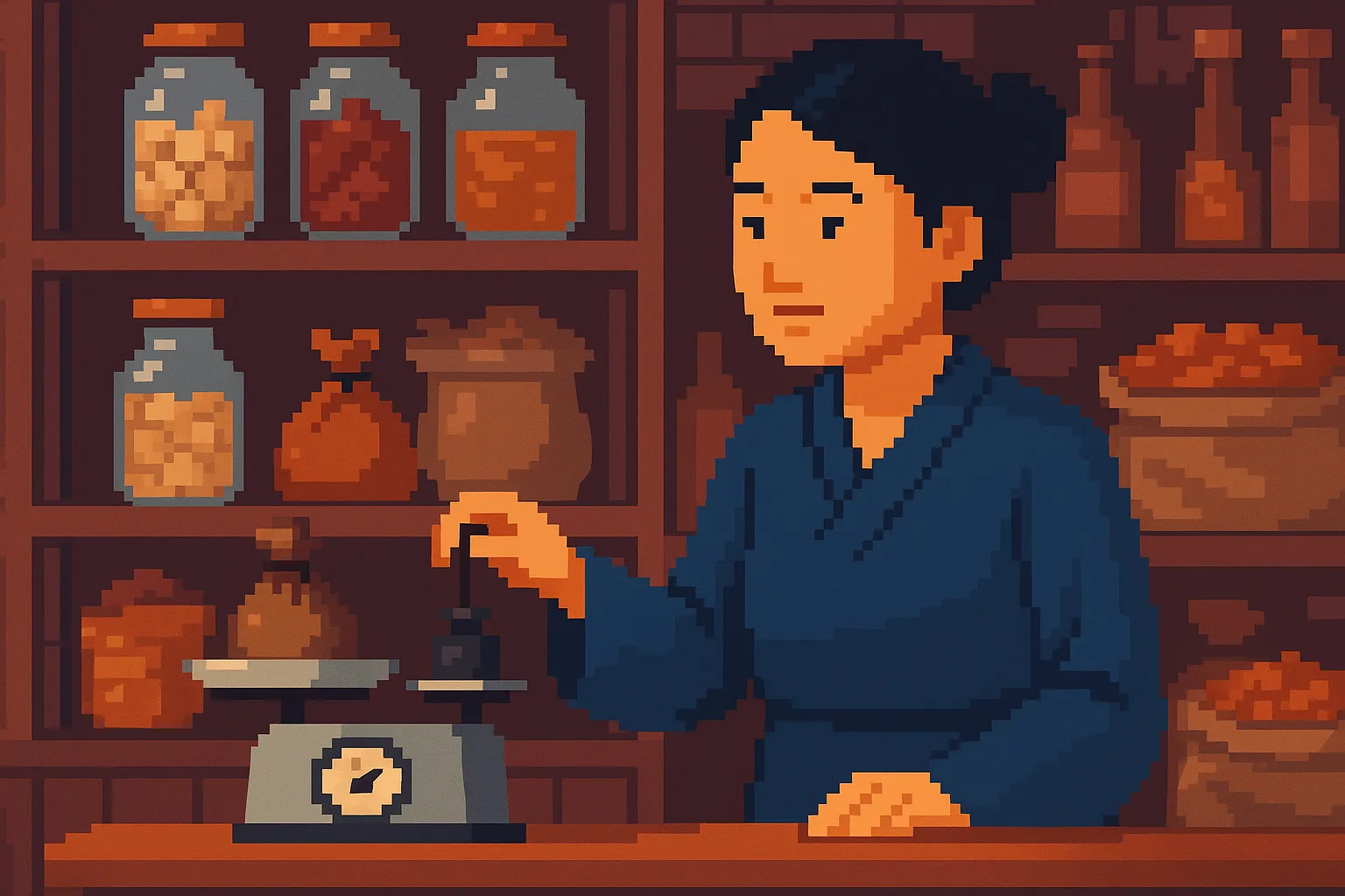 Une vendeuse asiatique utilisant un balance dans un magasin, pixel art