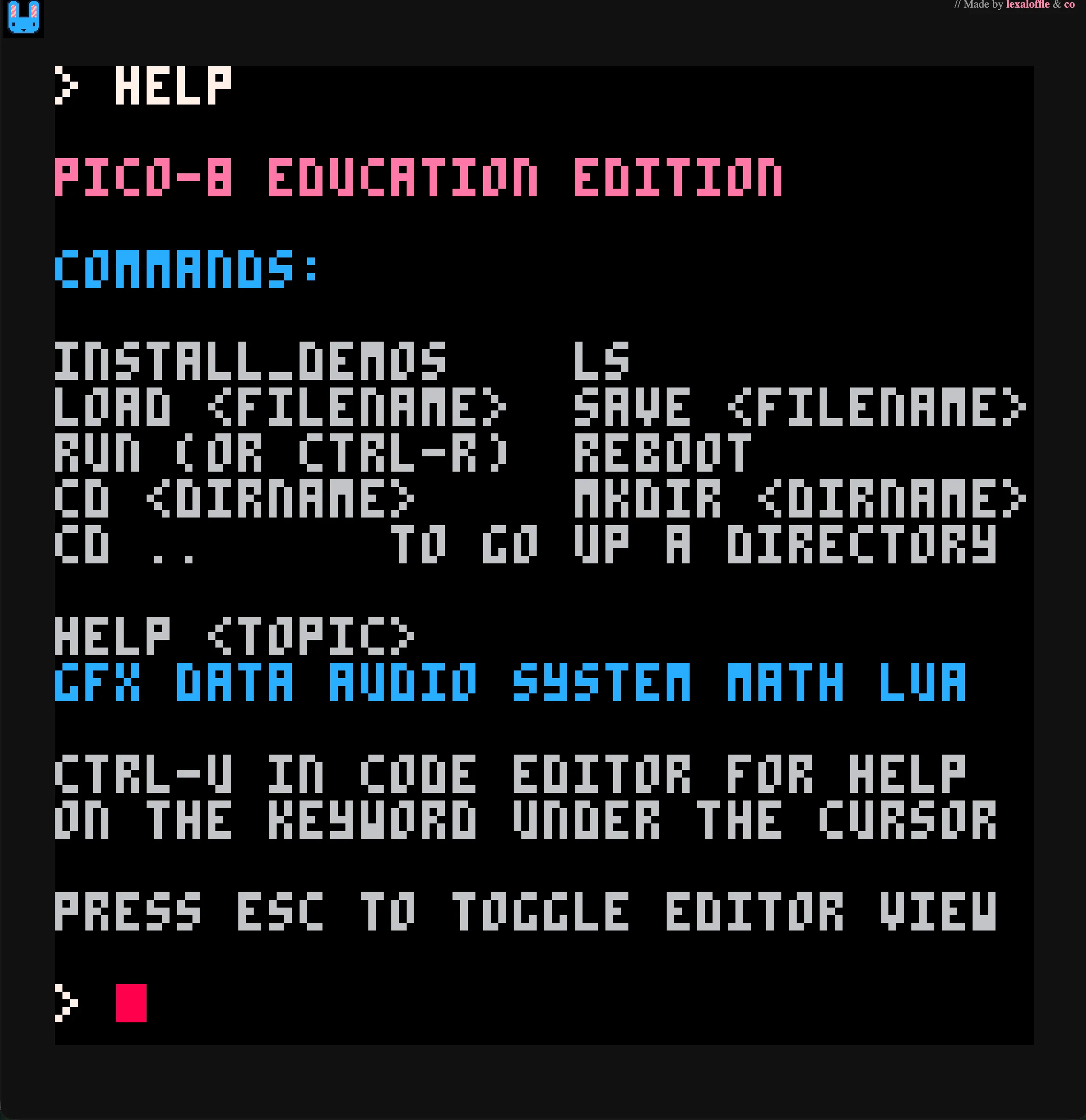 L'écran d'accueil de PICO-8