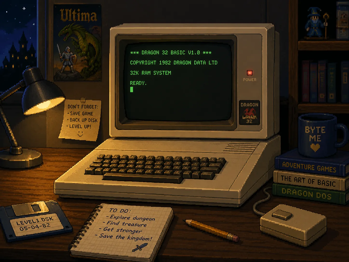 Une console rétro posée sur un bureau avec un curseur clignotant, pixel art