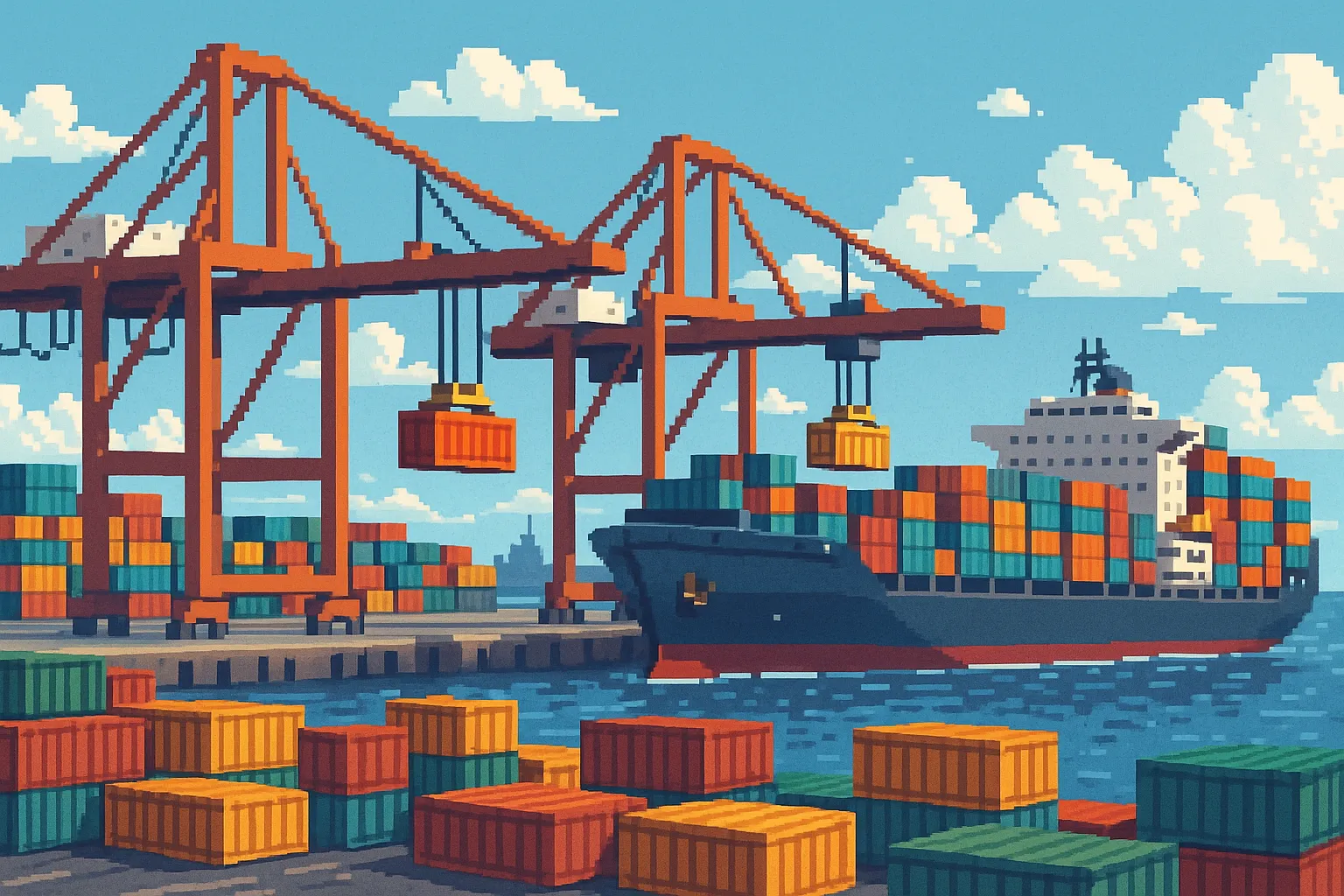 Une installation portuaire où un bateau est en train d'être déchargé de ses conteneurs, pixel art