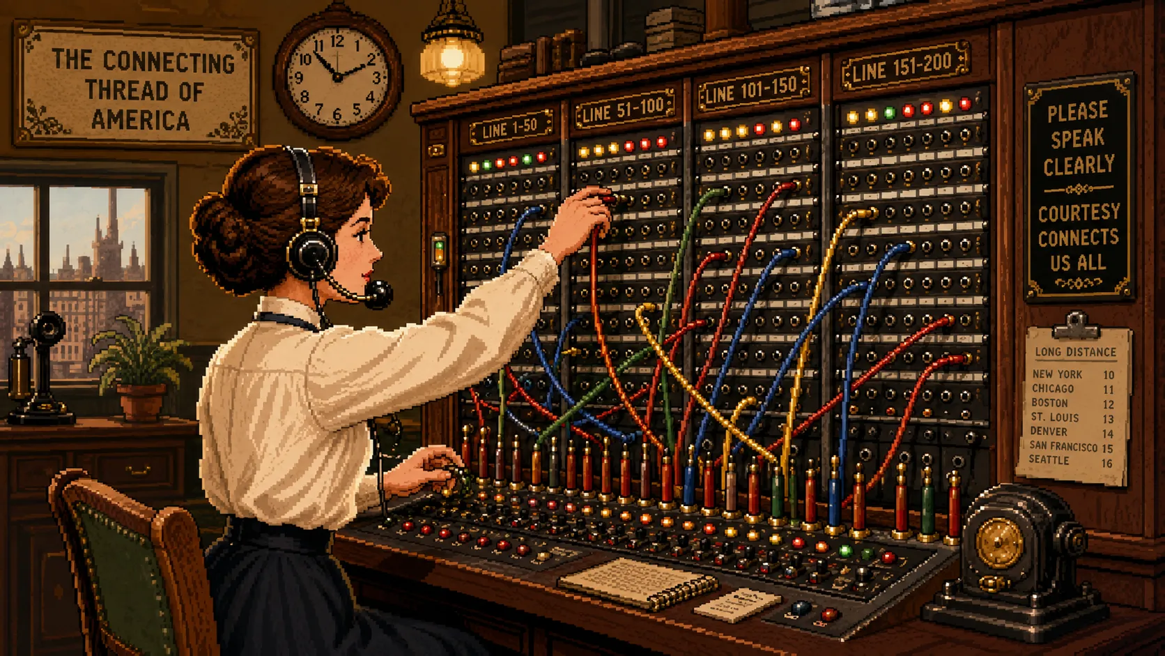 Un standard téléphonique vintage avec une opératrice qui branche des câbles, pixel art
