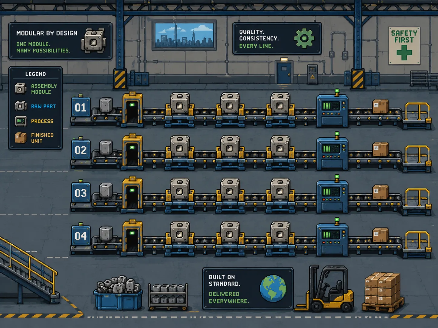 Des blocs de montage identiques réutilisés sur plusieurs chaînes d'usine, pixel art