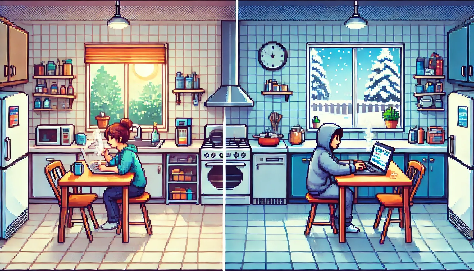 Deux personnes dans une cuisine séparée, pixel art