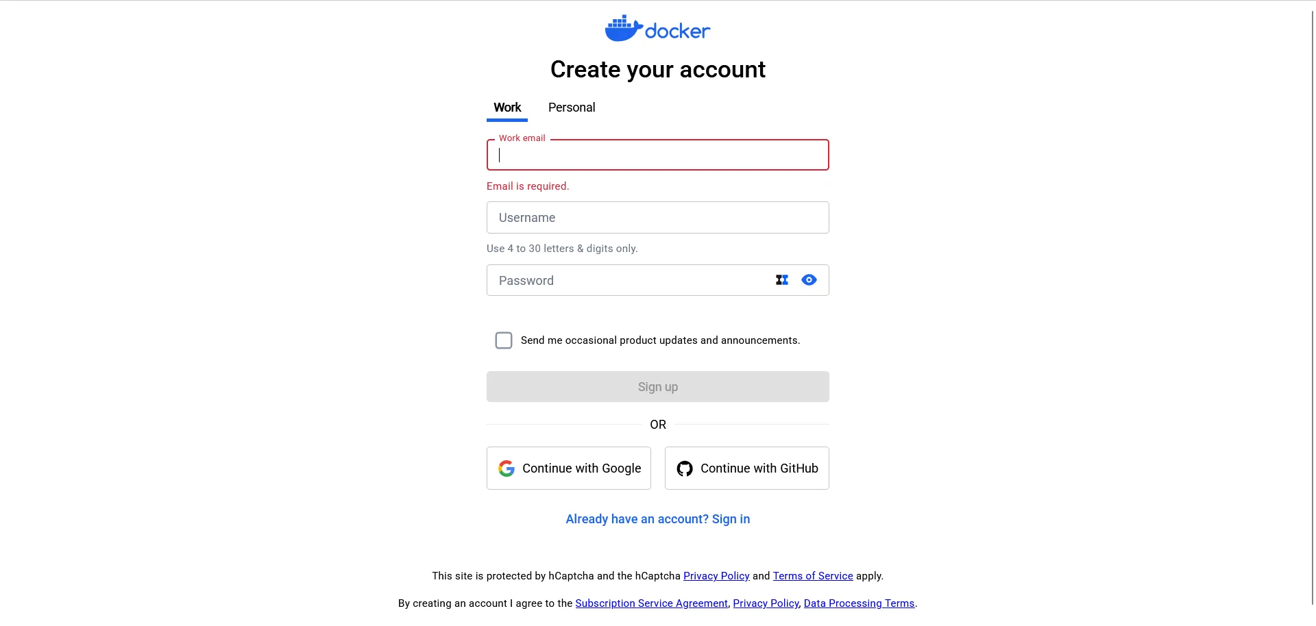 La page de création de compte de DockerHub