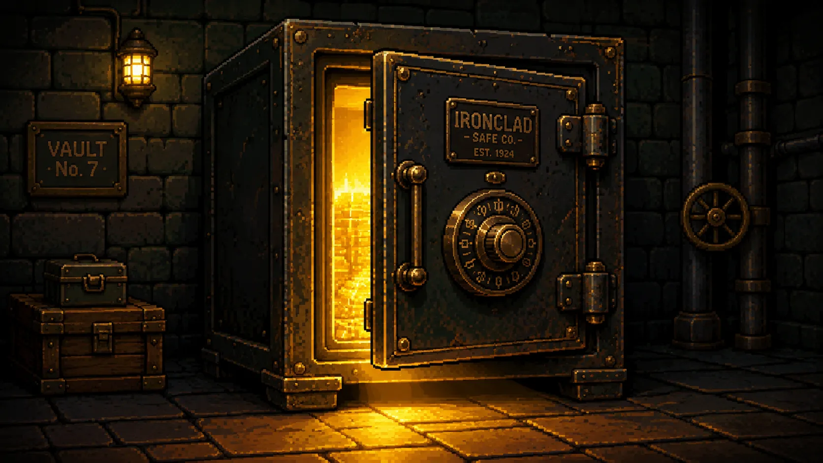 Un coffre-fort ancien entrouvert d'où s'échappe une lueur dorée, pixel art