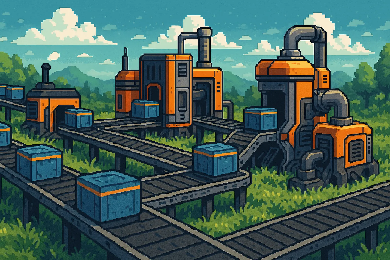 Une scène avec des tapis roulants et des usines avec pour inspiration Satisfactory, pixel art