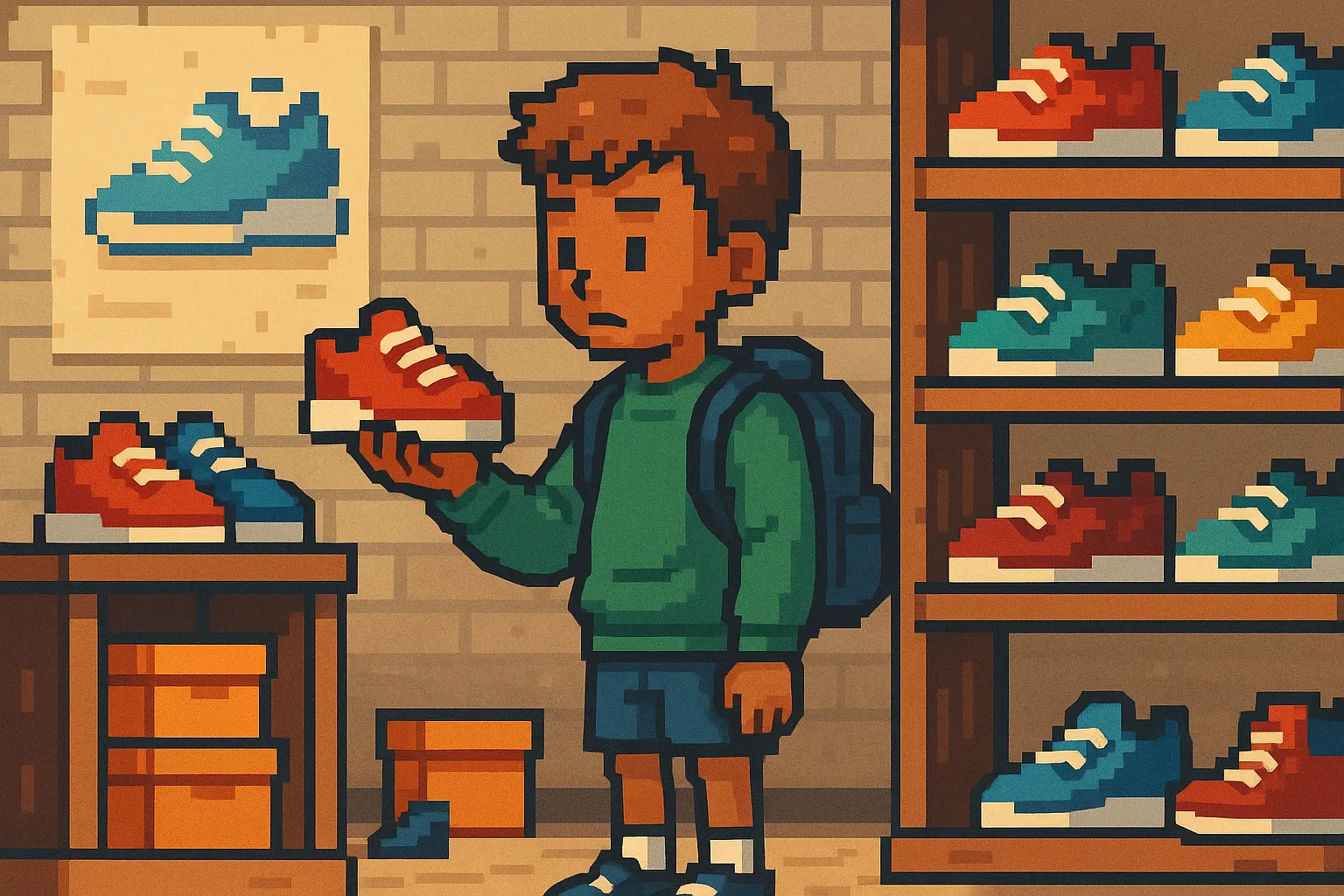 Une enfant en train de choisir une paire de baskets, pixel art