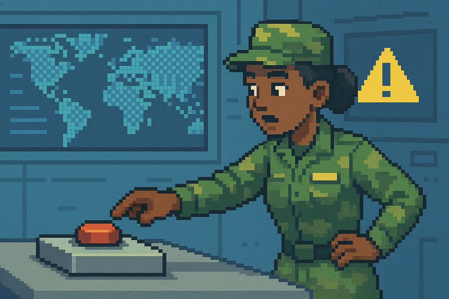 Une militaire qui va appuyer sur un bouton de lancement de missiles, pixel art