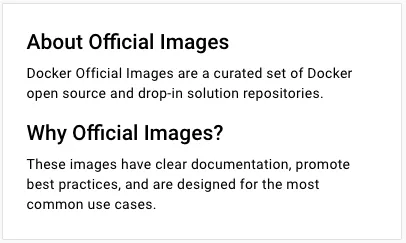 Une capture d'écran montrant les avantages des images officielles selon Docker