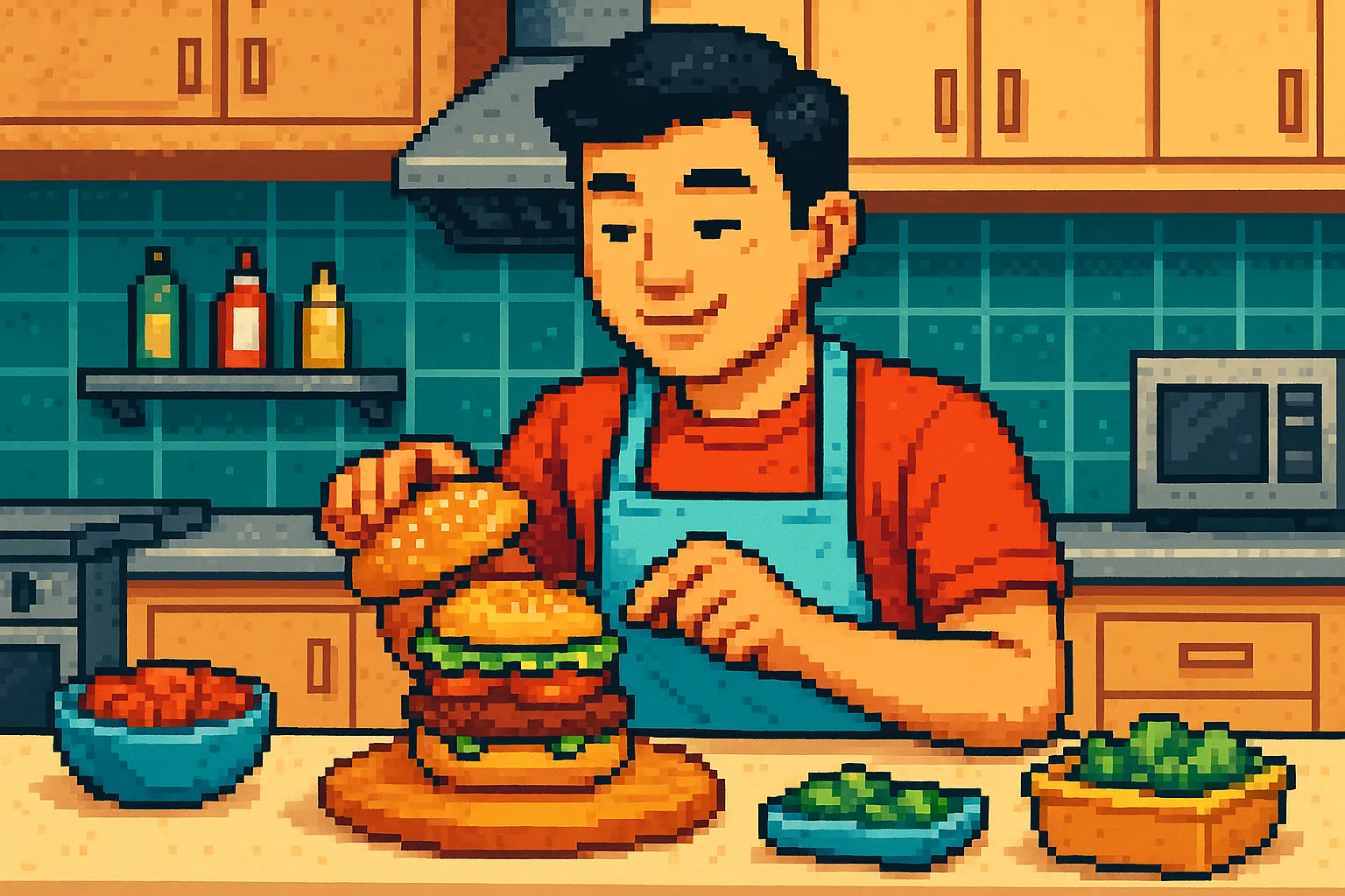 Une homme asiatique en train de se préparer un burger, pixel art