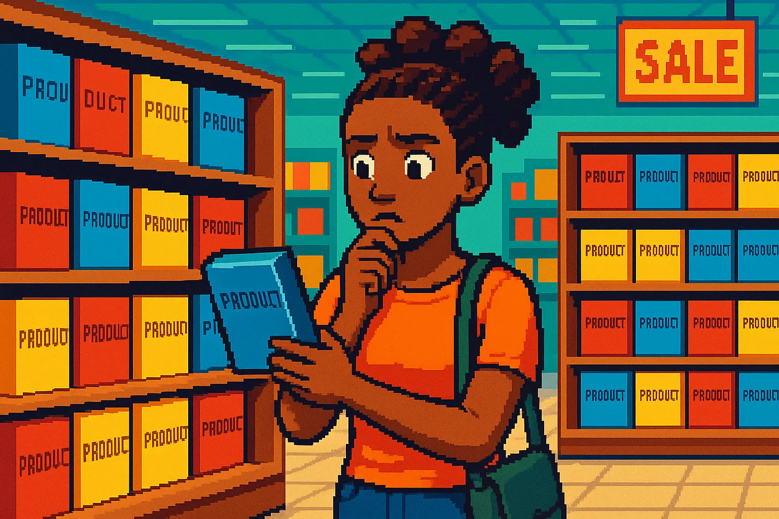 Une femme afro-américiane en train de choisir un produit dans un magasin, pixel art