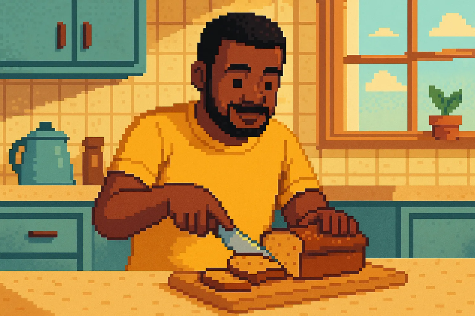 Une homme en train de couper une part de cake, pixel art