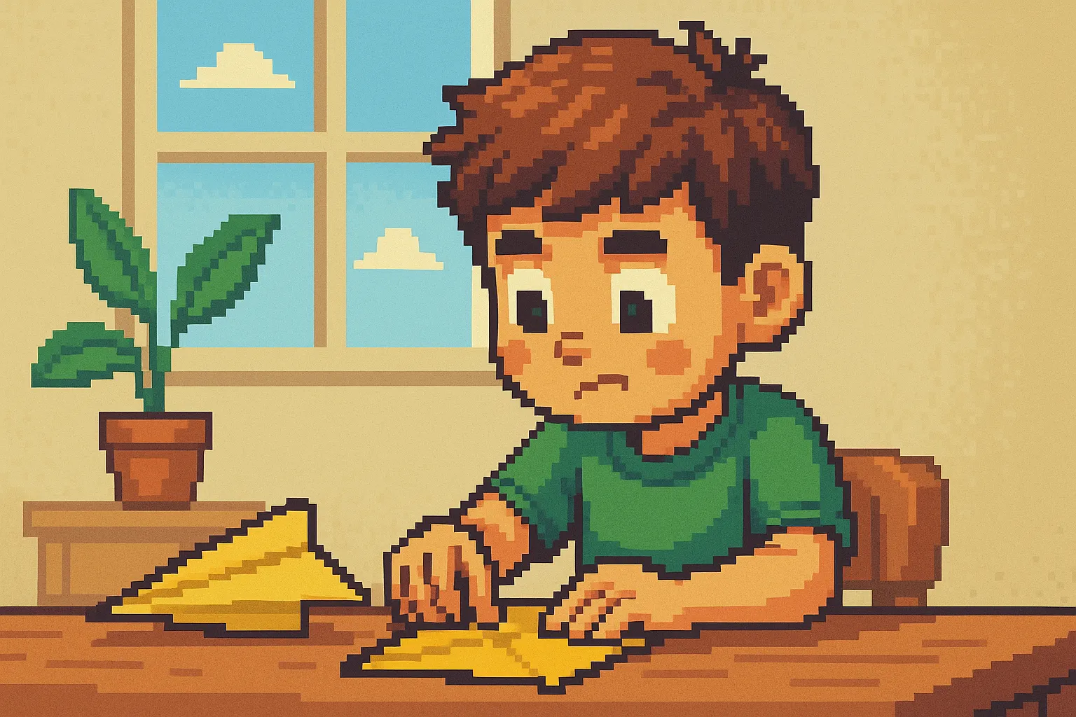 Un enfant en train de s'entrainer à faire un avion en papier, pixel art