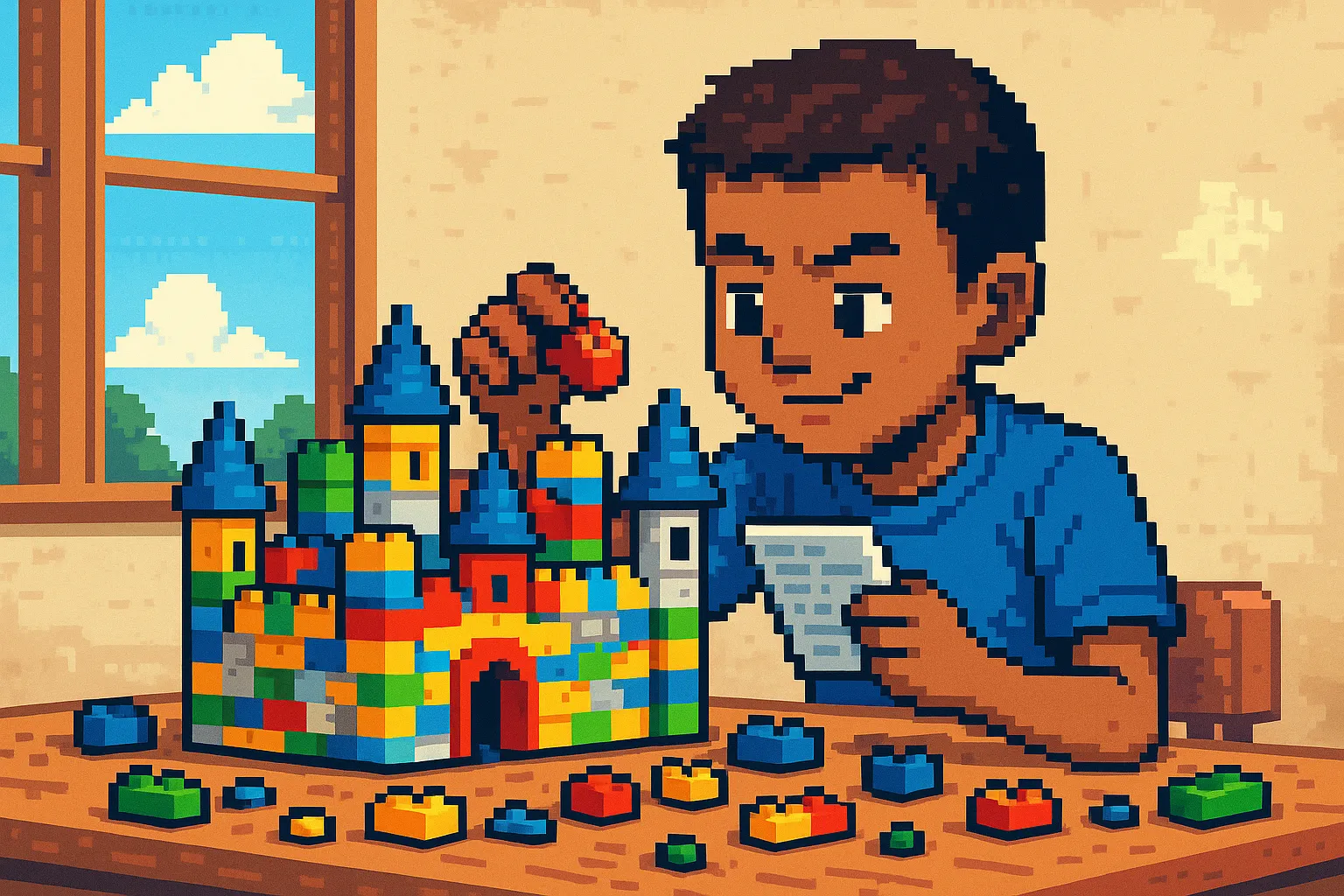 Un enfant en train de batir un chateau en lego, pixel art