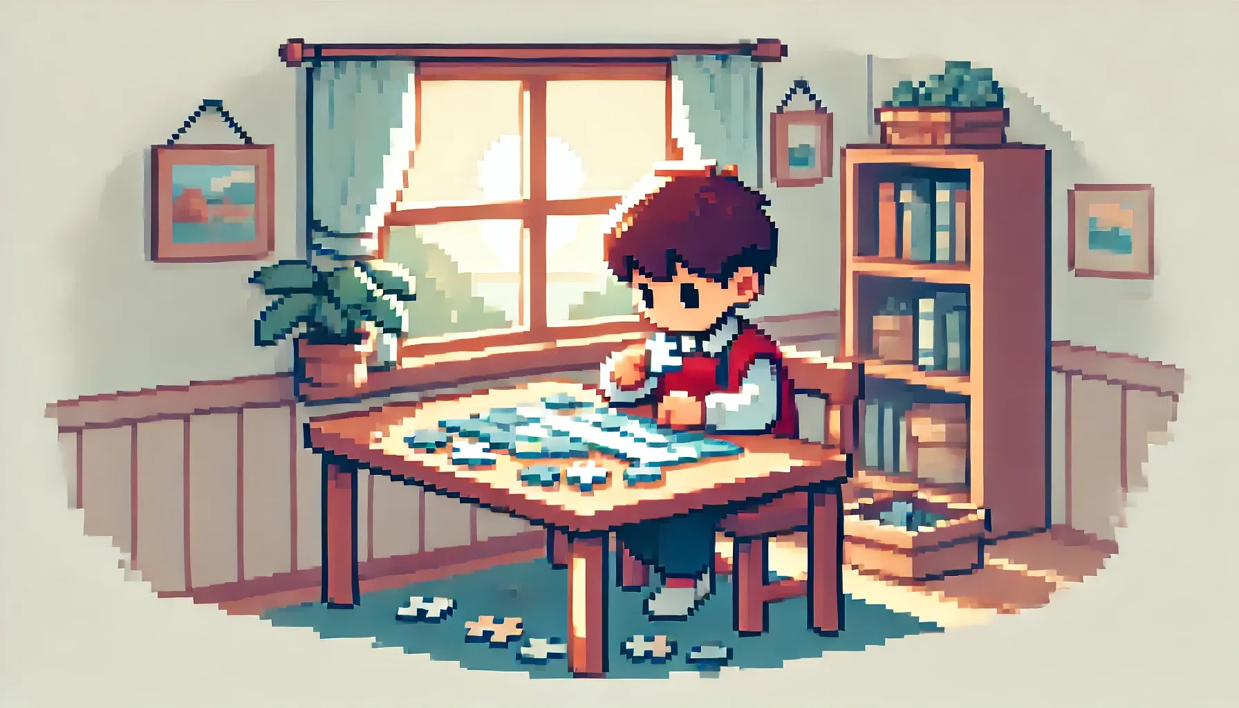 Un élève en train de tricher dans une classe, pixel
art