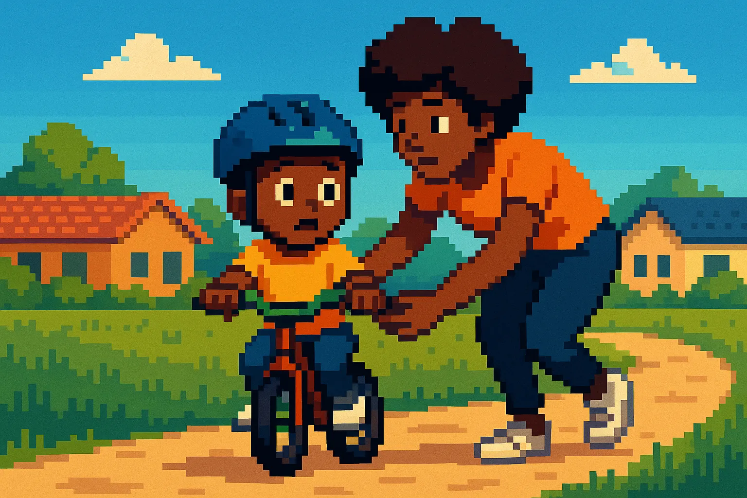 Un afro-américain en train de faire du vélo pour la première fois, pixel art